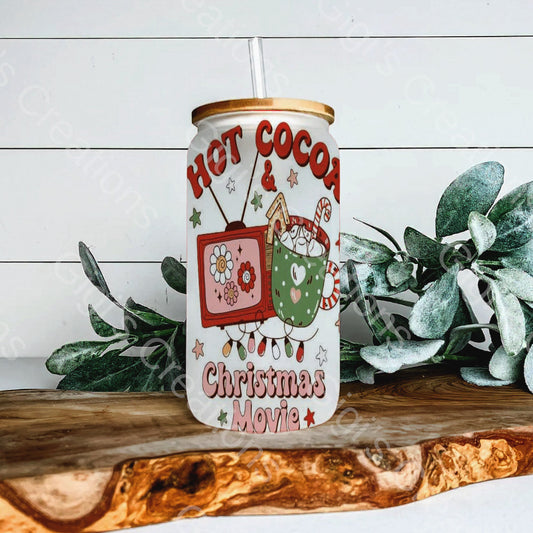 Hot Cocoa Christmas Movie 16 oz Glass Libbey Beer Can Cup with Bamboo Lid