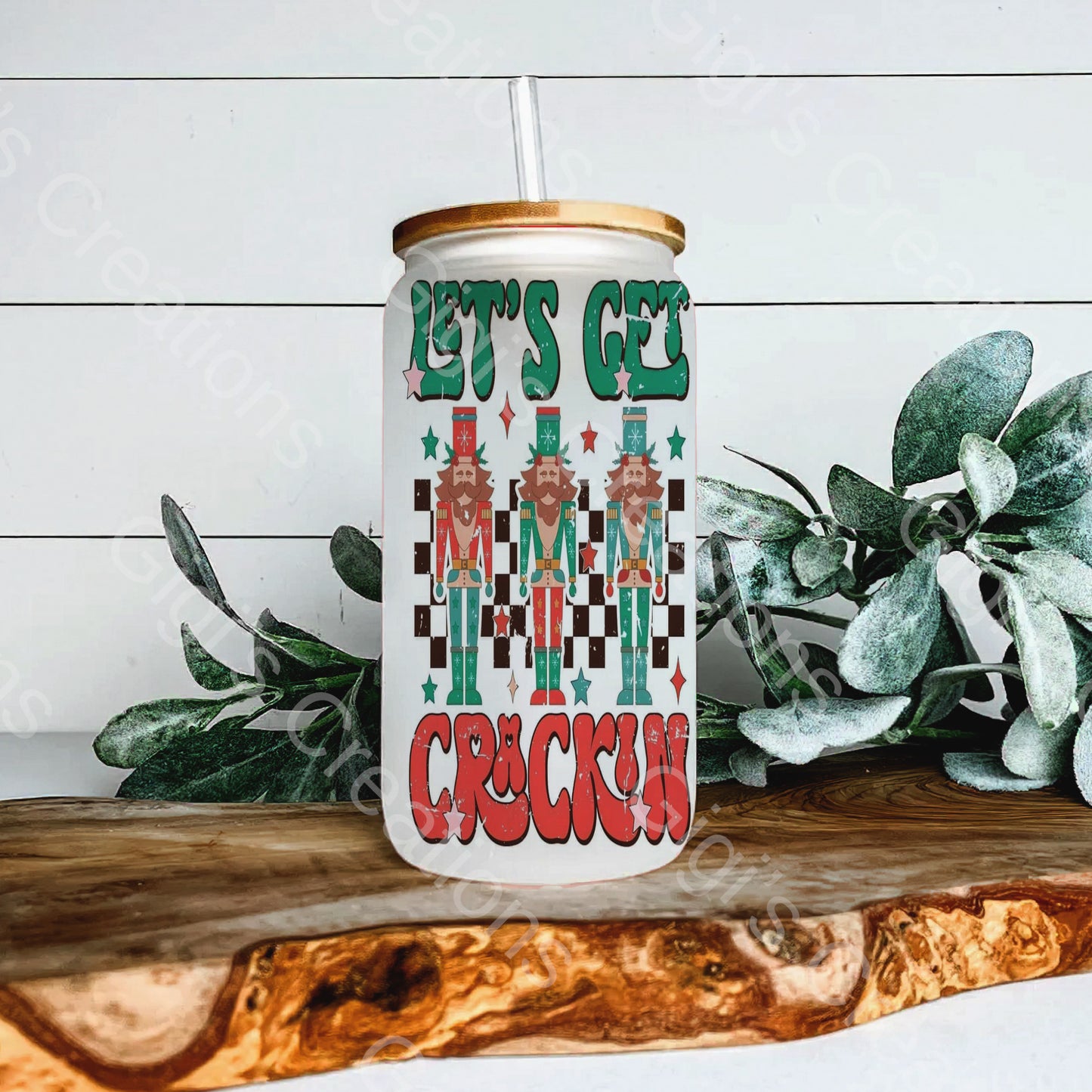 Holiday Let's Get Crackin 16 oz glass libbey beer can cup with bamboo lid