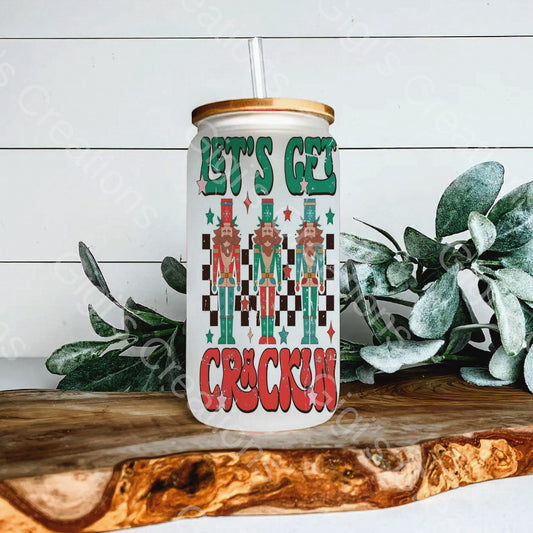 Holiday Let's Get Crackin 16 oz glass libbey beer can cup with bamboo lid