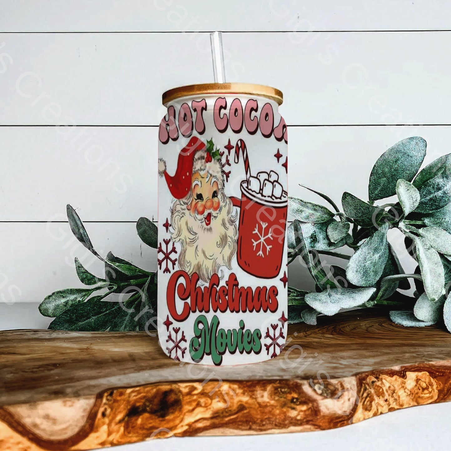 Hot Cocoa Christmas Movie 16 oz Glass Libbey Beer Can Cup with Bamboo Lid