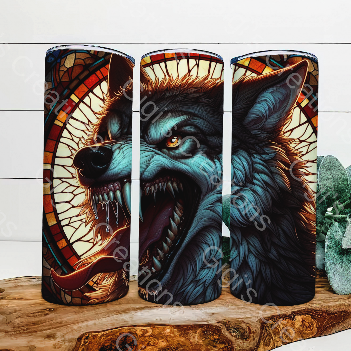 Wolf stained glass tumbler  20 oz stainless