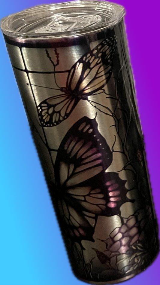 Purple butterfly stainless silver tumbler